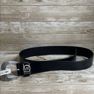 Michael Kors Black Leather Belt with Silver Logo Buckle Retails $58 NWT
